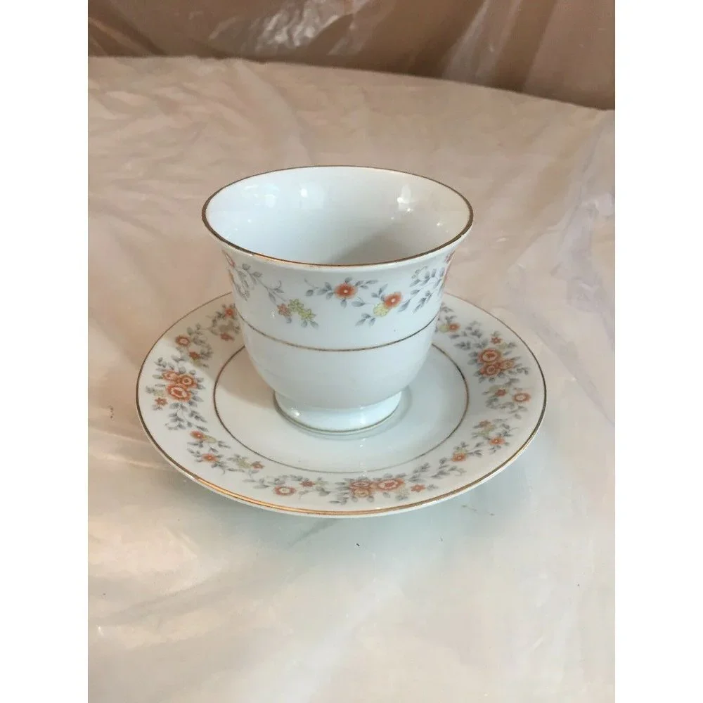 VTG FTDA 1987 Footed Tea Cup & Saucer White Silver Band Peach Floral Cottagecore